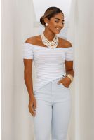 Blusa Tricot Decote Quadrado Listrada Feminina Revanche Entrala AZUL-BRANCO
