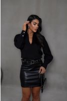 Camisa Decote V Manga Bufante Com Pregas Feminina Revanche Tupirama PRETO