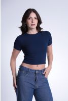 Blusa Cropped Canelado Manga Curta Feminina Revanche Humaitá AZUL MARINHO