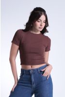 Blusa Cropped Canelado Manga Curta Feminina Revanche Humaitá MARROM ESCURO
