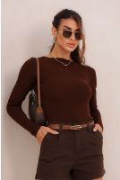 Blusa De Tricot Manga Longa Decote Canoa Feminina Revanche Sliven MARROM