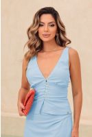 Blusa Decote V Com Busto Franzido Feminino Revanche Vernon AZUL CLARO