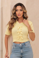Blusa Tricot Com Laços e Gola Polo Feminina Revanche Leysin AMARELO CLARO