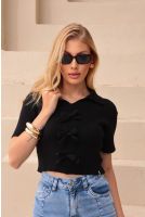 Blusa Tricot Com Laços e Gola Polo Feminina Revanche Leysin PRETO