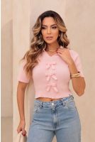 Blusa Tricot Com Laços e Gola Polo Feminina Revanche Leysin ROSA CLARO