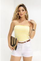 Blusa Tricot Tomara Que Caia Listrado Feminina Revanche Judeia AMARELO - OFF WHITE