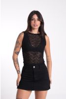 Blusa Regata Rendada com Elástico Trabalhado Feminina Revanche Lorena PRETO