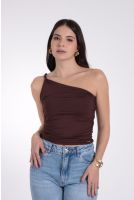 Blusa Feminina Ombro Só Franzida com Ombro Torcido Revanche Thais MARROM ESCURO