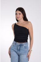Blusa Feminina Ombro Só Franzida com Ombro Torcido Revanche Thais PRETO