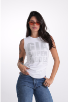 Blusa Regata Feminina Franzido Nas Laterais Com Estampa Revanche-BL.FEM.00274 BRANCO