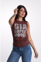 Blusa Regata Feminina Franzido Nas Laterais Com Estampa Revanche-BL.FEM.00274 MARROM ESCURO