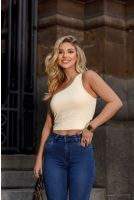 Blusa Cropped Assimétrica Ombro Só Feminina Revanche Simolândia AREIA