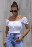 Blusa Cropped Ciganinha Com Amarração Feminina Revanche Rasines BRANCO