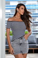 Blusa Tricot Decote Quadrado Listrada Feminina Revanche Entrala PRETO-BRANCO