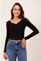 Blusa Cropped Com Detalhes Em Renda Feminino Revanche Tonga PRETO