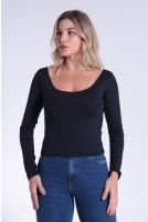 Blusa Cropped Manga Longa Decote Redondo Feminino Revanche Svalbard PRETO