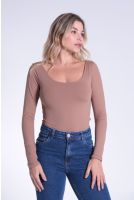 Blusa Cropped Manga Longa Decote Redondo Feminino Revanche Svalbard CARAMELO