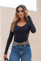 Blusa Manga Longa Decote V Feminino Revanche Hebrom PRETO