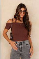 Blusa Ombro A Ombro Com Recorte Frente Feminino Revanche Iêmen MARROM ESCURO
