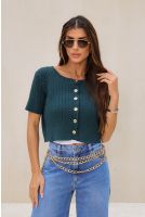 Blusa Tricot Cropped  Com Botões Feminina Revanche Antipirgo VERDE