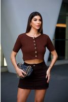 Blusa Tricot Cropped  Com Botões Feminina Revanche Antipirgo MARROM