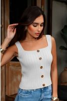 Blusa Tricot Decote Quadrado Com Botão Feminina Revanche Aisne BRANCO