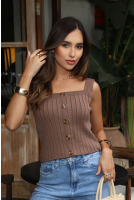 Blusa Tricot Decote Quadrado Com Botão Feminina Revanche Aisne MARROM