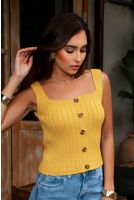 Blusa Tricot Decote Quadrado Com Botão Feminina Revanche Aisne AMARELO MANTEIGA