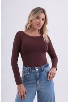 Body Manga Longa Decote Canoa Feminino Revanche Bósnia MARROM ESCURO