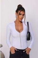 Body Manga Longa Decote Profundo Com Zíper Feminina Revanche Pátiris BRANCO