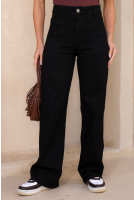 Calça Reta Sarja Bolso Quadrado Com Lapela Feminino Revanche Signia PRETO
