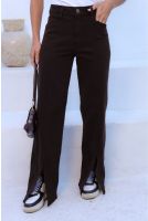 Calça Wide Leg Sarja Recorte e Abertural Frontal Feminino Revanche Zaldapa MARROM CAFE