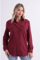 Camisa Xadrez Manga Longa Bolsos Com Lapelas Feminino Revanche Azerbaijão VINHO