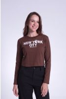 Camiseta Cropped Manga Longa Gola A Fio Feminino Revanche Abecásia MARROM ESCURO