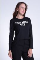 Camiseta Cropped Manga Longa Gola A Fio Feminino Revanche Abecásia PRETO