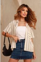 Camisa Cropped Abertura Lateral Listrada Feminino Revanche Alcanena OFF WHITE