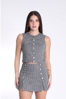 Colete Cropped Estampado Pied De Poule Feminino Revanche Aruba PRETO BRANCO