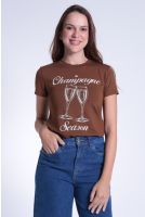 Camiseta Estampada Feminina Revanche Rafaela Champagne Season MARROM MEDIO
