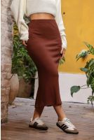 Saia Midi Canelada Com Fenda Costas Feminino Revanche Mépsila MARROM ESCURO