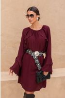 Vestido Amplo Manga Longa Com Babados Boho Feminina Revanche Eraclea VINHO