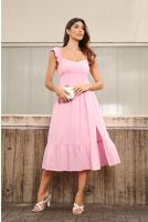 Vestido Midi Com Babado e Fenda Feminina Revanche Vanariona ROSA CLARO