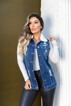 Colete Jeans Max Com Gola de Pelúcia Removível Feminina Revanche