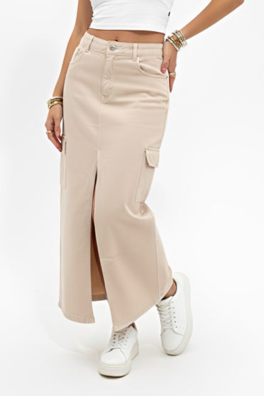 Saia Longa Cargo Color Com Fenda  Feminina Revanche Arganza  AREIA