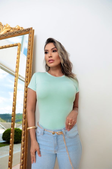 Blusa Baby Look Basica Manga Curta Feminina Revanche Sylfaenol VERDE MENTA