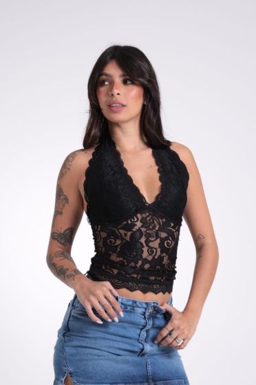 Blusa Feminina Frente &Uacute;nica Rendada Revanche Manila PRETO
