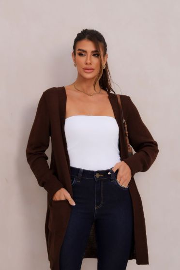 Cardigan Tricot Manga Dobrada Feminina Revanche Atures MARROM TERRA