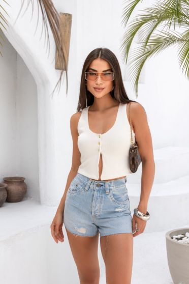 Blusa Cropped Regata Com Abertura Feminina Revanche Huacho OFF WHITE