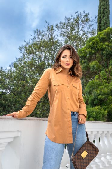 Camisa Manga Longa Com Bolso Feminina Revanche Eleanor BEGE