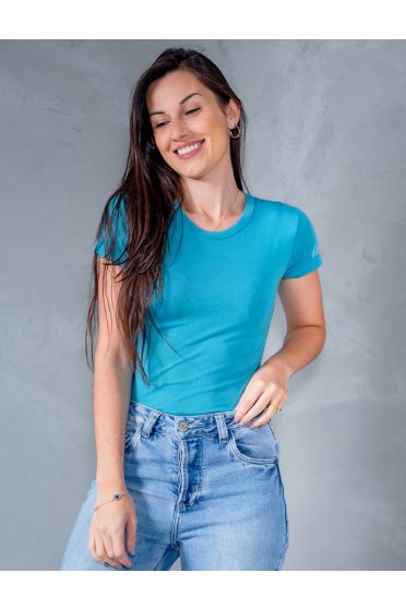 Blusa Baby Look Basica Manga Curta Feminina Revanche Sylfaenol AZUL CLARO