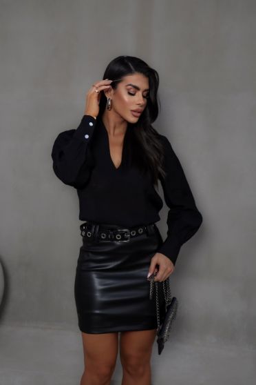 Camisa Decote V Manga Bufante Com Pregas Feminina Revanche Tupirama PRETO